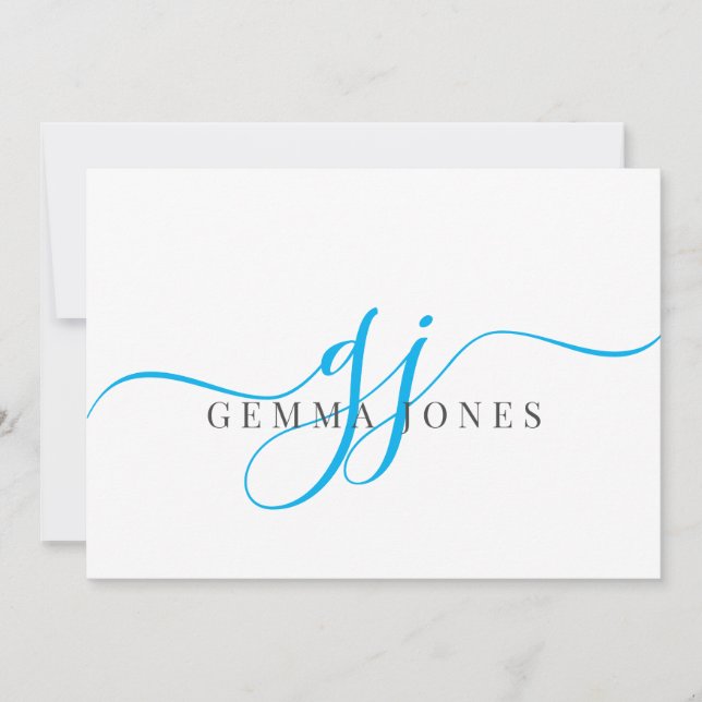 Elegant Script Blue Monogram Initials Name  Card (Front)