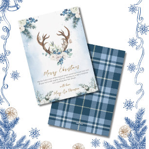Elegant Script Blue Non Photo Watercolor Reindeer Holiday Card