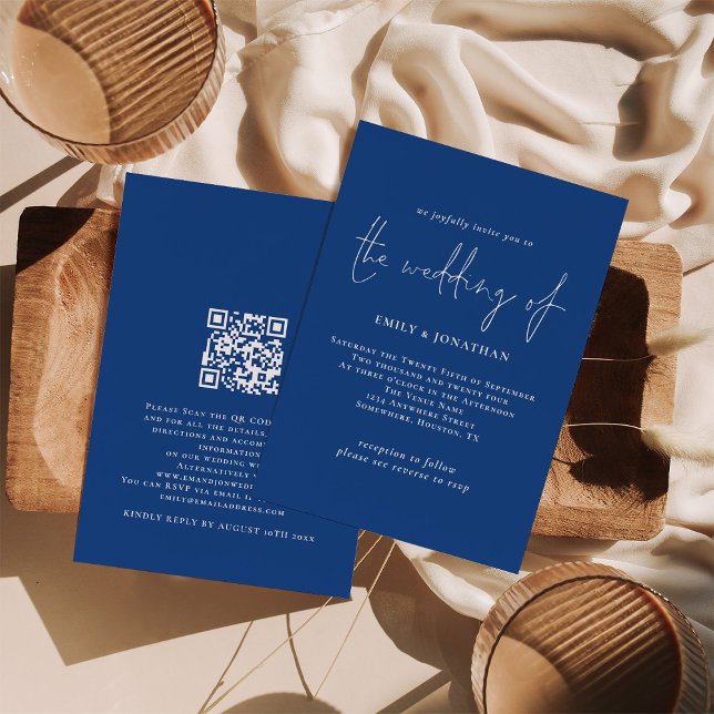 Elegant Script Blue QR Code Wedding Invitation (Front and back view. Available digitally and printed.)