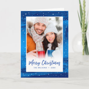 Elegant Script Blue Snow Merry Christmas Photo Holiday Card