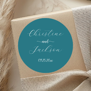 Elegant Script Blue Teal Wedding Classic Round Sticker