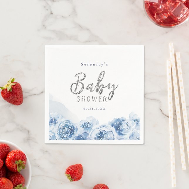Elegant script blue watercolor floral baby shower napkin (Insitu)