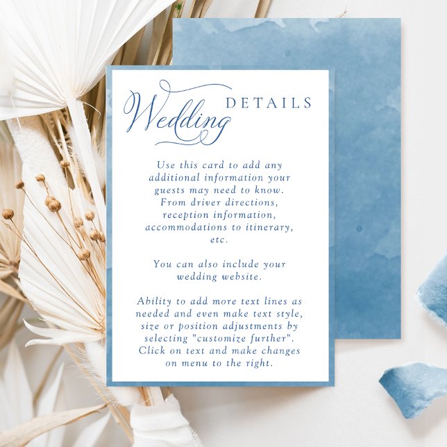 Elegant Script Blue Watercolor Wedding Details Enclosure Card (Creator Uploaded)