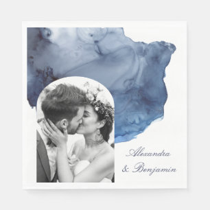 Elegant Script Blue Watercolor Wedding Photo Napkin