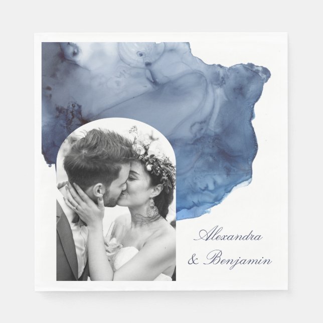 Elegant Script Blue Watercolor Wedding Photo Napkin (Front)