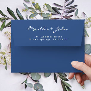 Elegant Script Blue Wedding Names Return Address Envelope