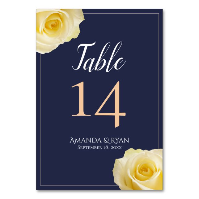 Elegant Script Blue Yellow Rose Floral Wedding Table Number (Front)
