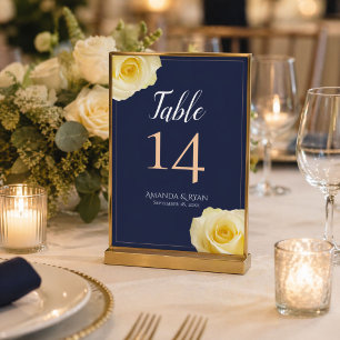 Elegant Script Blue Yellow Rose Floral Wedding Table Number