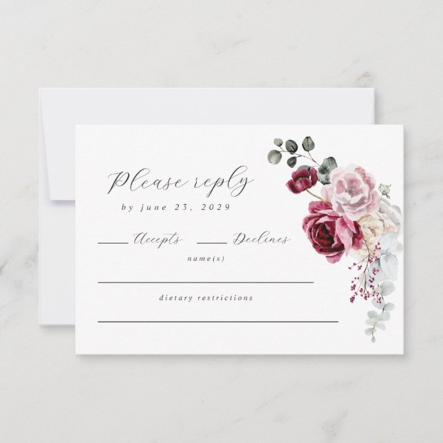 Elegant Script Blush & Burgundy Floral QR Code RSVP Card (Front)