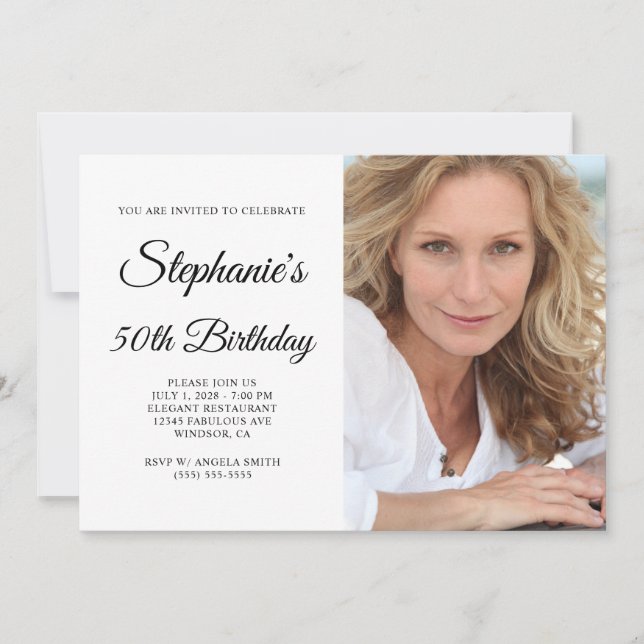 Elegant Script Blush Monogram Photo 50th Birthday Invitation (Front)