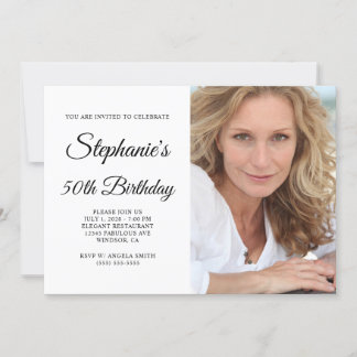 Elegant Script Blush Monogram Photo 50th Birthday Invitation