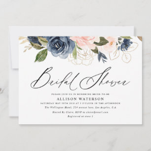 Elegant script blush & navy bridal shower  invitation