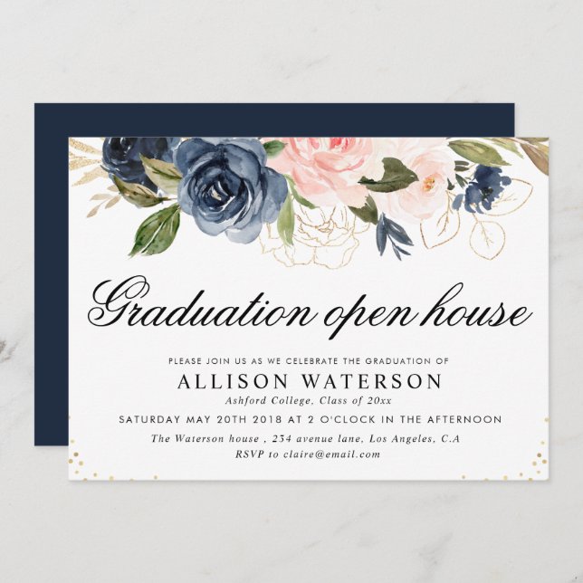 Elegant script blush & navy graduation open house invitation (Front/Back)
