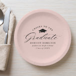 Elegant Script Blush Pink Cheers to the Graduate Paper Plate<br><div class="desc">Elegant graduation paper plates featuring a graduation cap with the phrase "Cheers to the Graduate" in a black calligraphy script on a blush pink background. Personalise the modern graduation paper plates with the graduate's name, school name, and graduation year. The simple graduation plates are perfect to use for your high...</div>