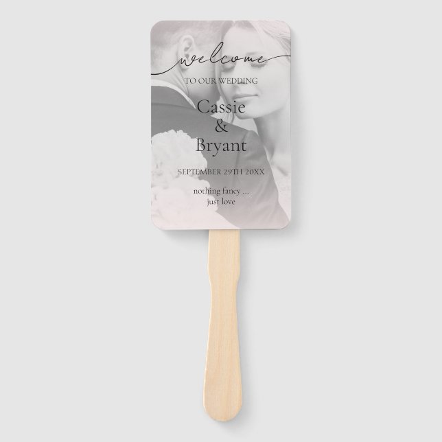 Elegant Script Blush Pink Photo Wedding Program Hand Fan (Front)