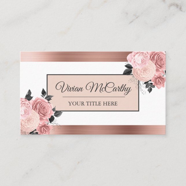 Elegant Script Blush Rose Floral & Foil  Business Card (Front)
