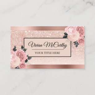 Elegant Script Blush Rose Floral & Foil Glitter Business Card