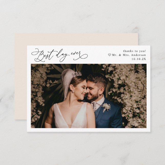 Elegant Script Boho Neutral Blush Wedding Photo Thank You Card (Front/Back)