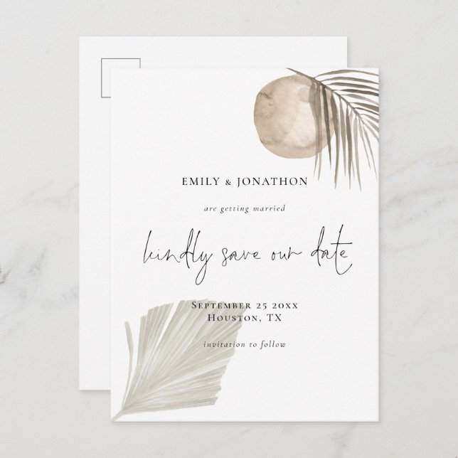Elegant Script Boho Pampas Grass Save The Date Invitation Postcard (Front/Back)