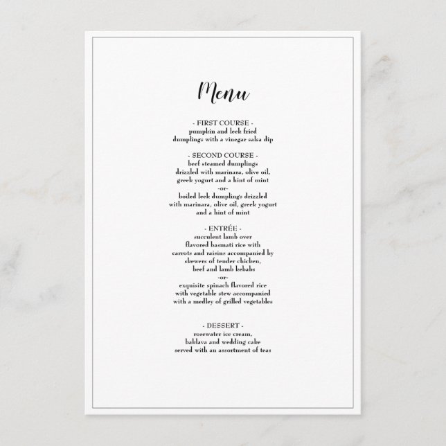 Elegant Script Bordered Wedding Dinner Menu (Front)