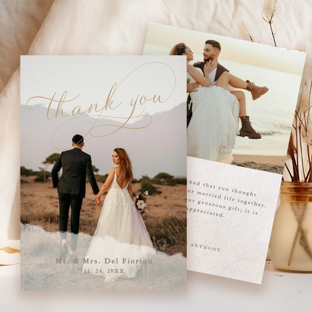Elegant Script Botanical 2-Photo Overlay Wedding Thank You Card (Creator Uploaded)