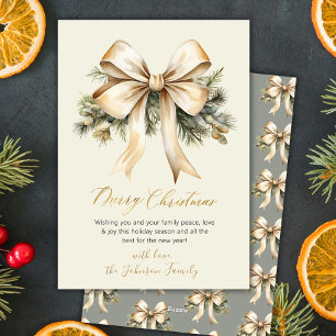 Elegant Script Botanical Beige Gold Bow Christmas Holiday Card