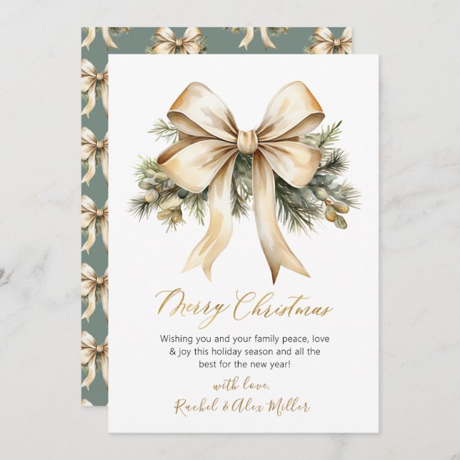 Elegant Script Botanical Bow Non Photo Christmas Holiday Card (Front/Back)