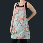 Elegant Script Botanical Floral Apron<br><div class="desc">A pretty light blue and pink floral apron. Personalise it with your name. Designed for you by Blackberry Boulevard.</div>