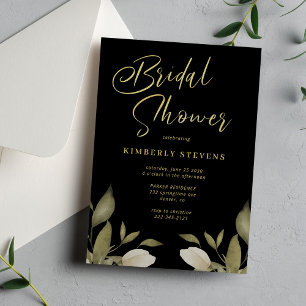 Elegant script botanical gold black bridal shower invitation