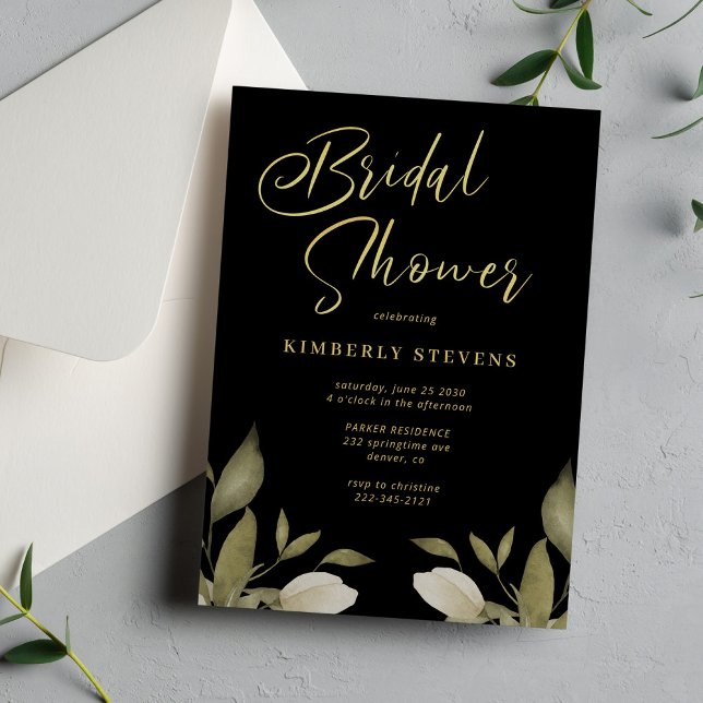 Elegant script botanical gold black bridal shower invitation (Creator Uploaded)