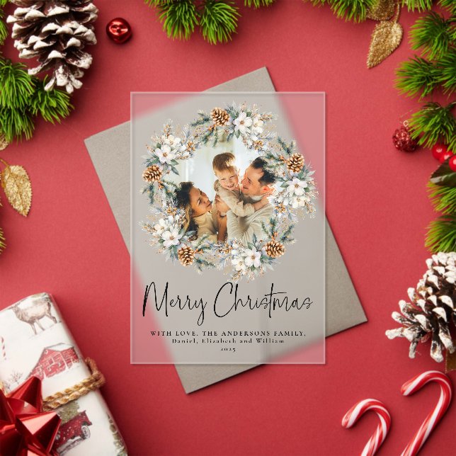 Elegant Script Botanical Photo Christmas Card Acrylic Invitations (Insitu (Holiday))