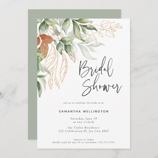 Elegant Script Botanical Watercolor Bridal Shower Invitation (Front/Back)