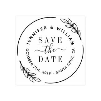Elegant Script & Botanical Wreath Save The Date Rubber Stamp