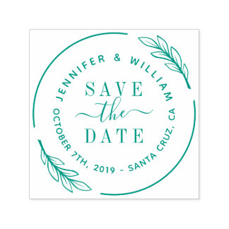 Elegant Script & Botanical Wreath Save The Date Self-inking Stamp