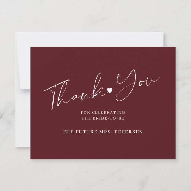 Elegant script bridal shower burgundy thank you card (Front)