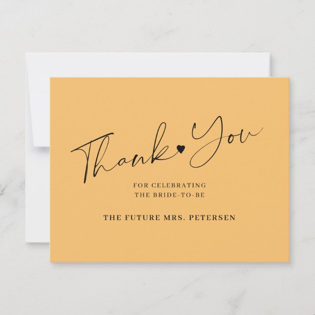Elegant script bridal shower orange thank you card (Front)