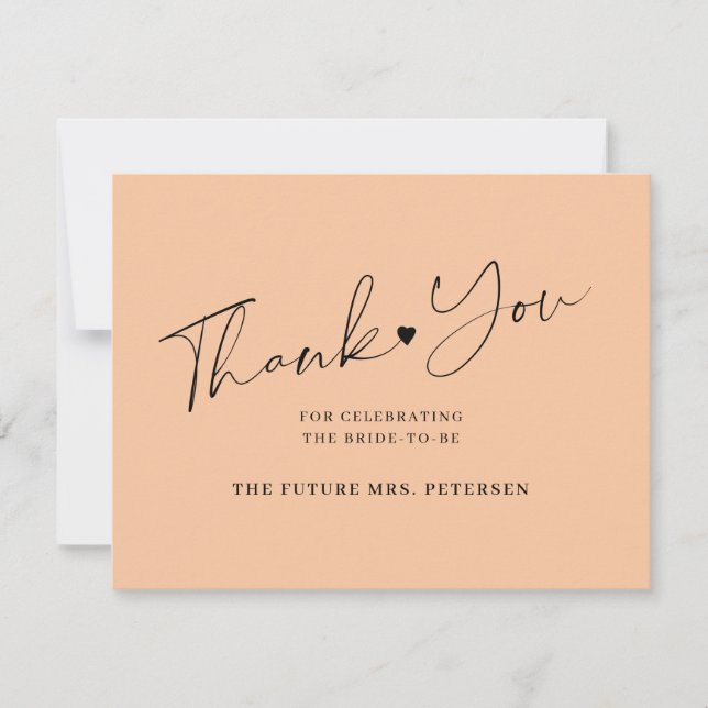 Elegant script bridal shower peach cream thank you card (Front)