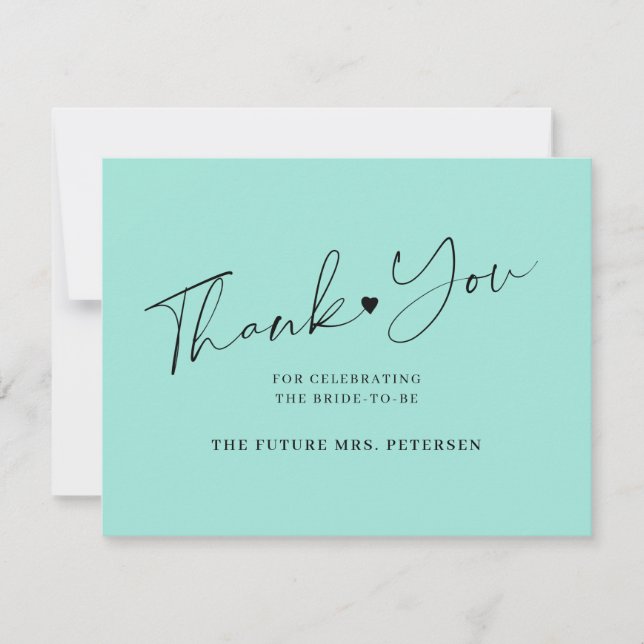 Elegant script bridal shower sea glass green thank you card (Front)