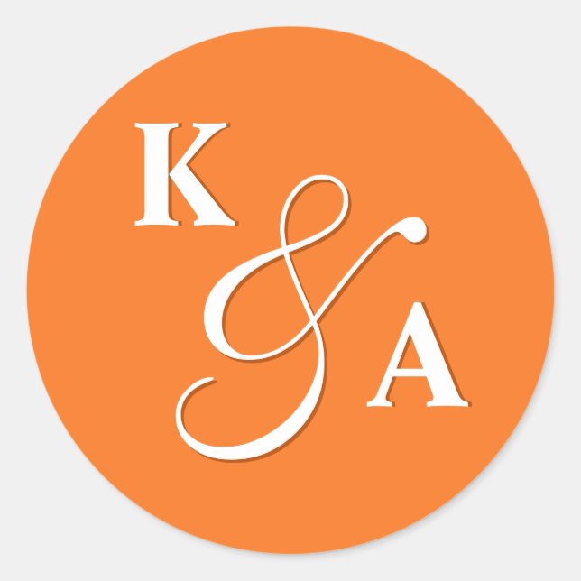 Elegant Script Bright Orange Wedding Monogram Classic Round Sticker (Front)