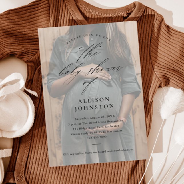 Elegant Script Budget Photo Baby Shower Invitation (Elegant script overlay budget photo baby shower invitations.)