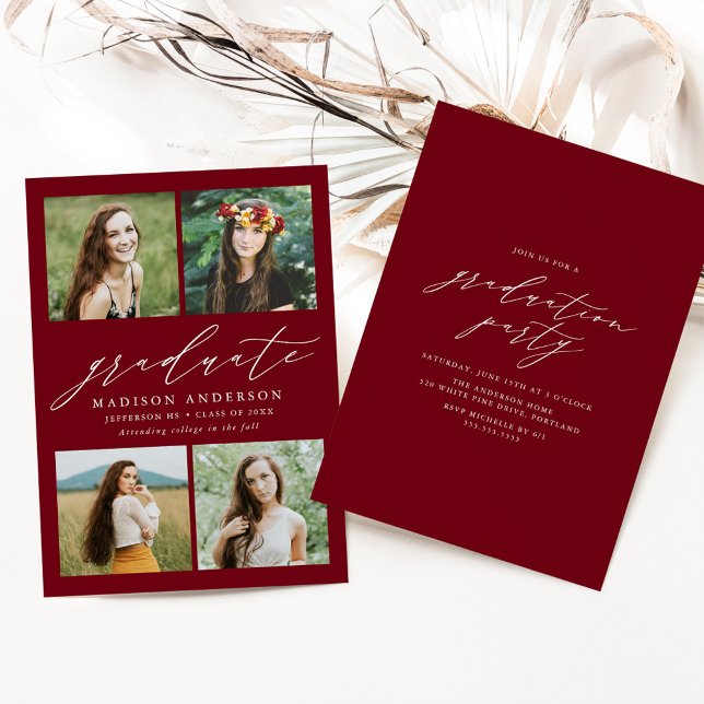 Elegant Script Burgundy 4 Photo Graduation Party Invitation (Creator Uploaded)