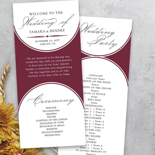 Elegant Script Burgundy Arch Wedding Program (Modern arches burgundy wedding order of service program from my Wedding Colors collection)