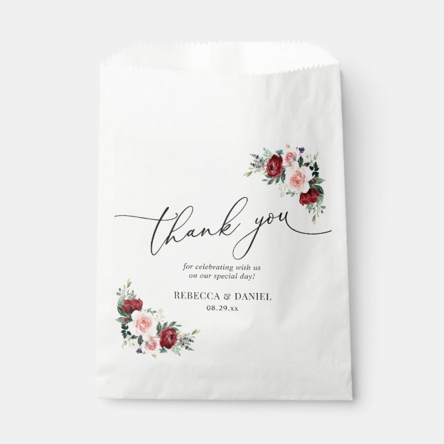 Elegant Script Burgundy Blush Floral Favour Bag (Front)