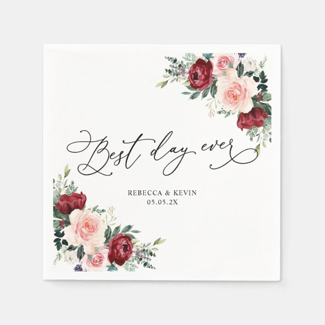 Elegant Script Burgundy Blush Floral Greenery Napkin (Front)