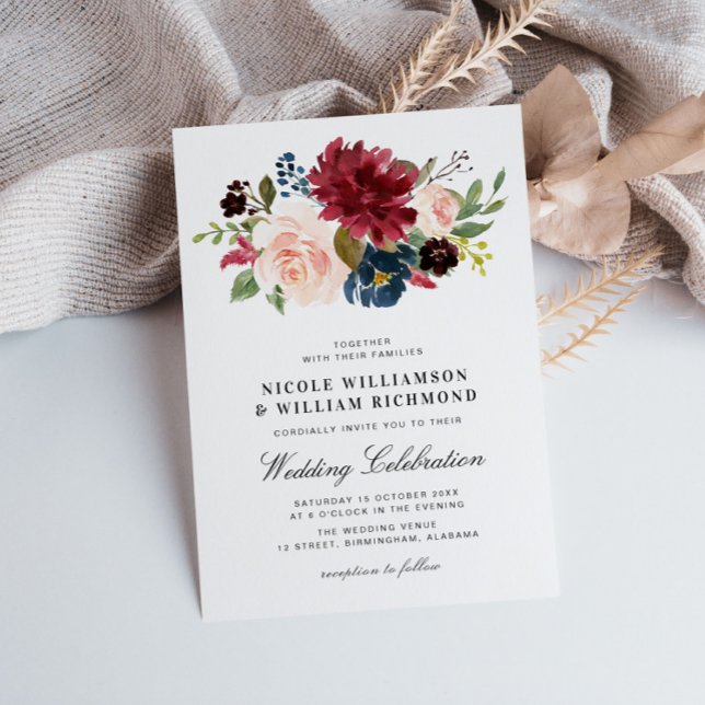 Elegant script Burgundy blush navy blue wedding Invitation (Creator Uploaded)
