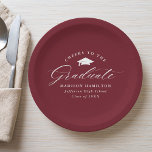 Elegant Script Burgundy Cheers to the Graduate Paper Plate<br><div class="desc">Elegant graduation paper plates featuring a graduation cap with the phrase "Cheers to the Graduate" in a white calligraphy script on a burgundy background. Personalise the modern graduation paper plates with the graduate's name, school name, and graduation year. The simple graduation plates are perfect to use for your high school...</div>