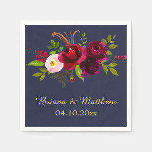Elegant Script Burgundy Floral Navy Blue Napkin