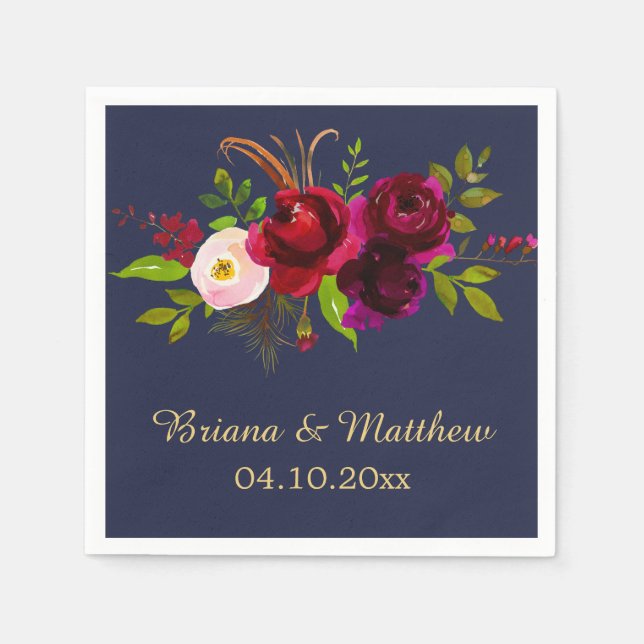 Elegant Script Burgundy Floral Navy Blue Napkin (Front)