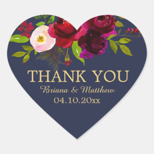 Elegant Script Burgundy Floral on Navy Blue Heart Sticker