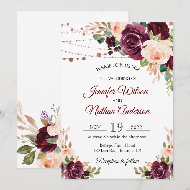 Elegant Script Burgundy Floral Wedding Invitation (Front/Back)